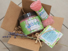 Load image into Gallery viewer, premium exfoliating mesh WOWO body scrubber and premium exfoliating mesh face WOWO in Coral Clean in a gift set with crinkle paper