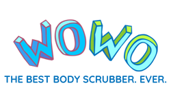 WOWO: THe best Body Scrubber. Ever. colorful block green and blue letters written in an arc.